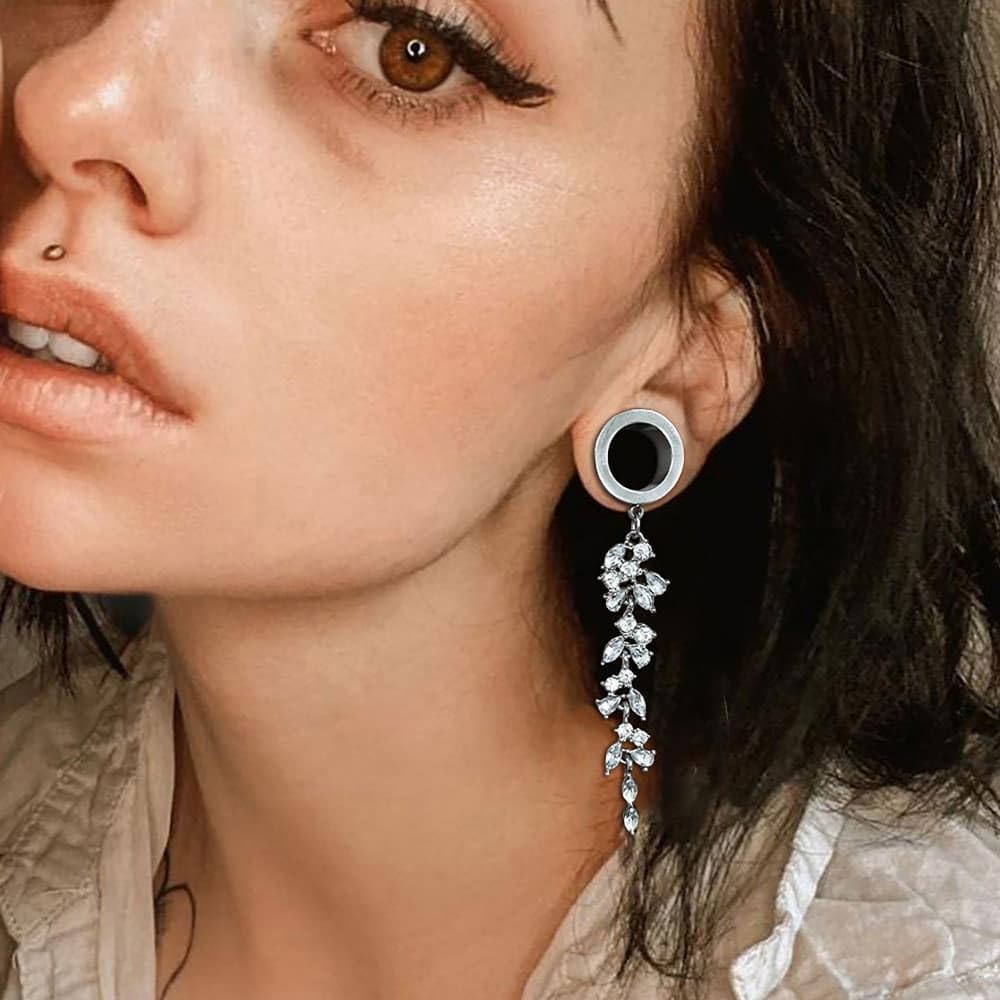 LADEMAYH Elegant Teardrop Ear Plugs with Crystal Chains Dangle Gauges, 0g-1in Double Flared Tunnels, Stylish Hypoallergenic Surgical Stainless Steel 316L Ear Gauges for Women