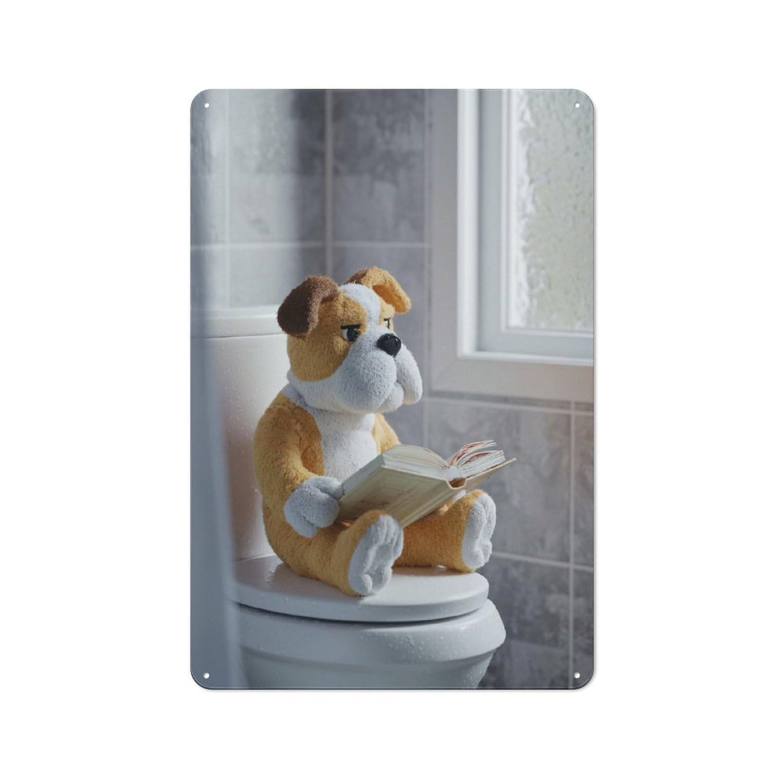 Junmoney Style-11 For Lounge Or Reading Corner, Stuffed Bulldog Reading On Toilet Retro Tin Sign 30X20cm, Gift For Reading Corner Decorators During The Christmas Season
