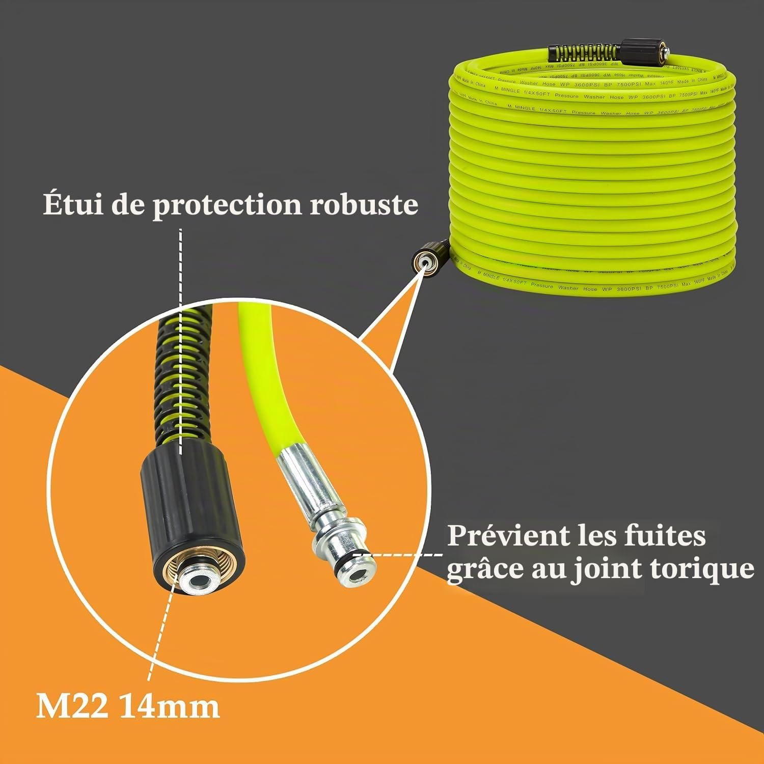 M MINGLE Tuyau de Nettoyeur Haute Pression 15 m x 1/4" (6.35 mm) - Flexible de Remplacement avec Kits de Connexion Rapide - Raccords M22 14 mm - 250 Bar