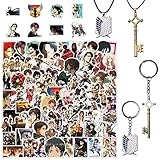 Attack on Titan Gift Set,Eren Jaeger Key Necklace Pendant Stickers 100Pcs,Keychain and Necklace,Halskette mit Schlüssel von Eren Jäger, Schlüsselanhänger Attack on Titan Aufklärungstrupp Jugendliche Anime Fan