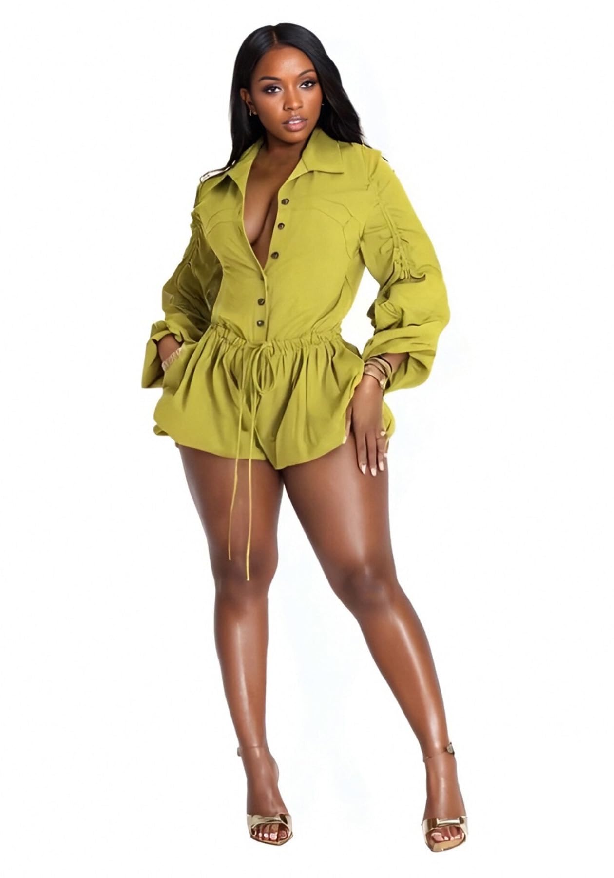 Famnbro Womens Summer Rompers Long Sleeve V Neck Drawstring Bubble Short Cute Jumpsuit One Piece Club Outfits