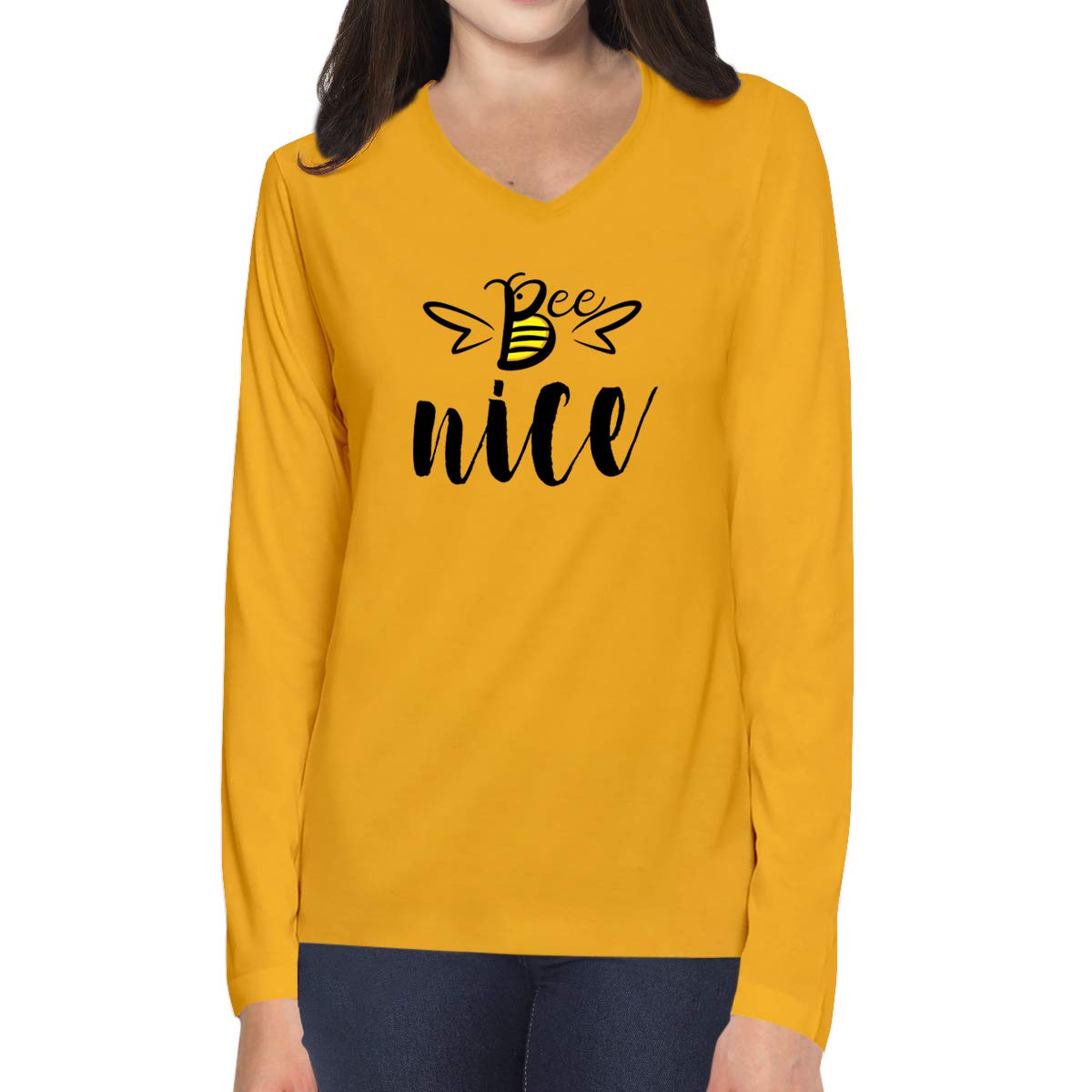 OPLUWomen's Regular Fit Tshirt Bee Nice Cotton Printed V Neck Full Sleeves Multicolour T Shirt. Trending, Stylish, Honey bee Tshirts