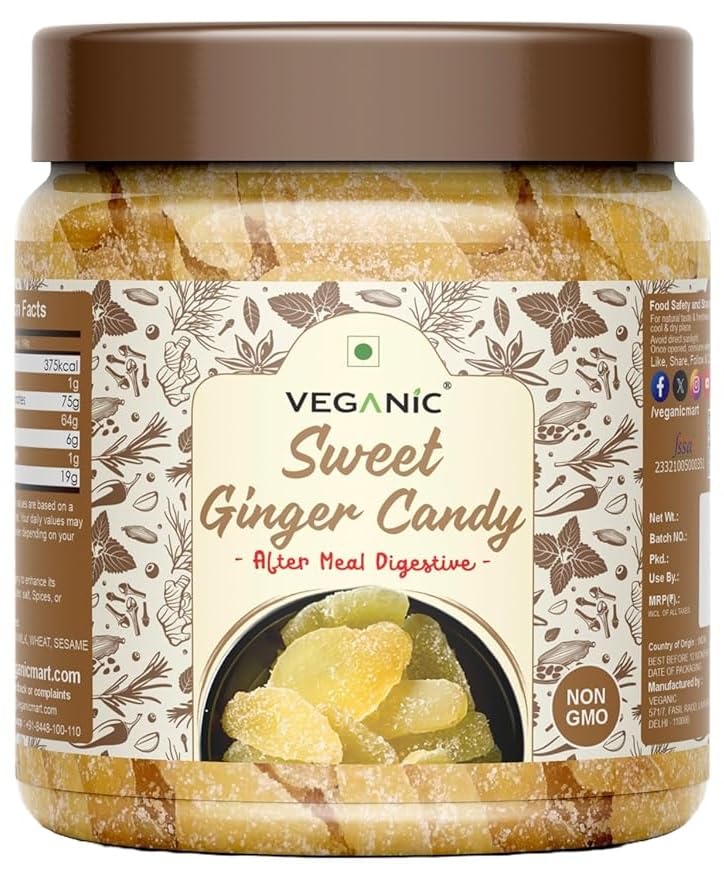 Veganic Organic Sweet Ginger Slice | Dried Ginger Candy | Adrak Slices/Candy Mouth Freshener/Mukhwas (100 grams)