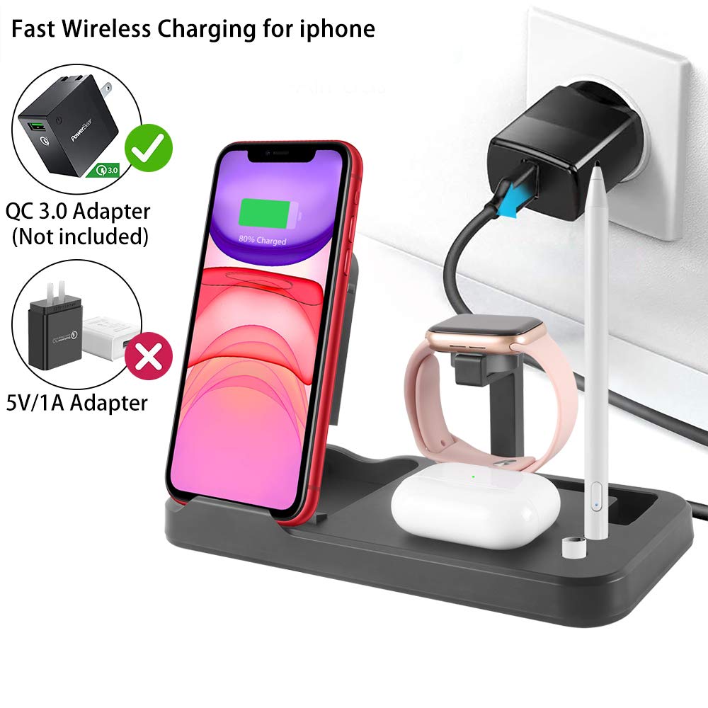 Station de charge sans fil 4 en 1, support de charge pliable, station de charge rapide améliorée pour iWatch Series 6/SE/5/4/3/2, AirPods et crayon, compatible avec iPhone et téléphone Android