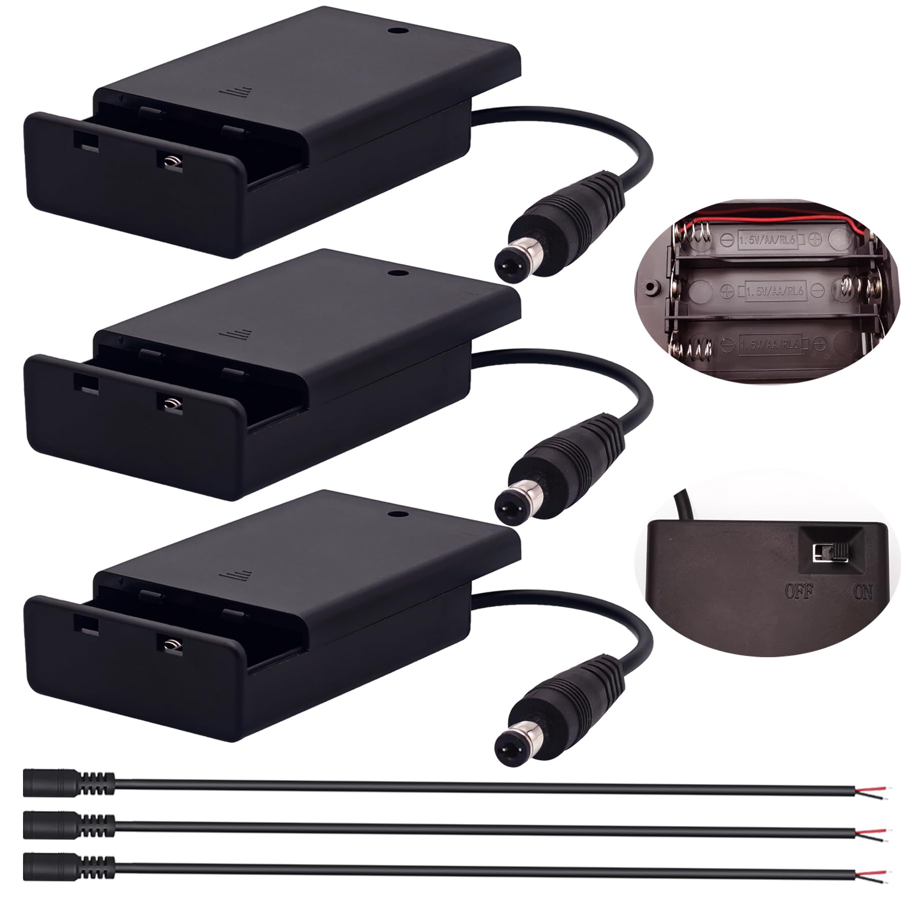 CTRICALVER Porta batterie 3 pile AA con interruttore 4,5V DC maschio cavo 0,3m set 3 per strisce LED DIY