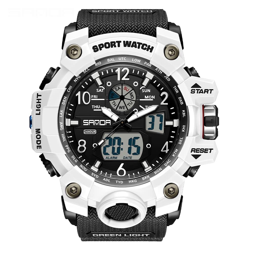 AIMES Men's Watches Outdoor Sports Waterproof Military Watch Tactical Digital Analog Wrist Watch Date Multi Function Led Large Face Alarm Stopwatch for Man white black-3169