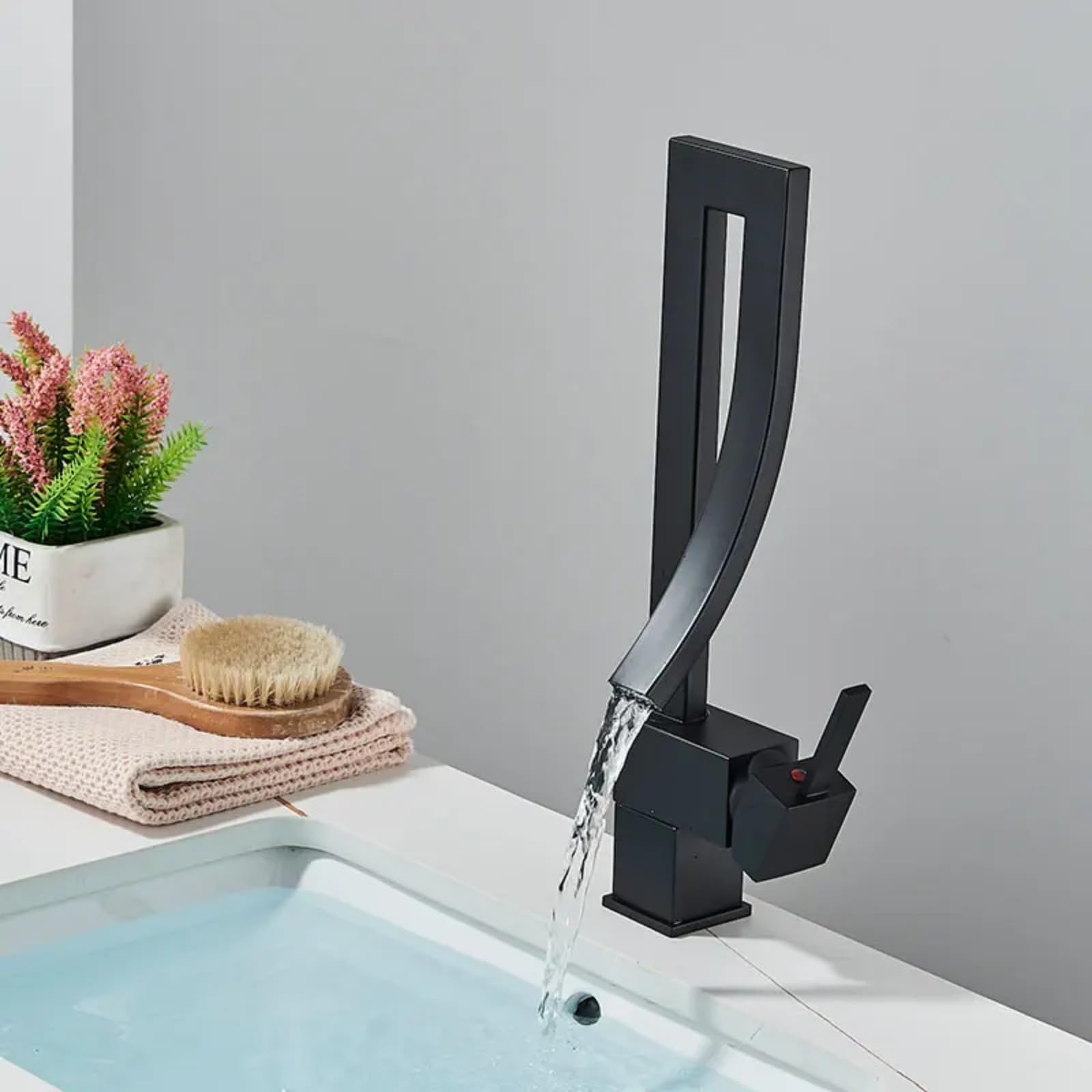 VFfotO Shiny Gold Bathroom Basin Faucet Cold Hot Rotation Mixer Crane Tap Black Nickel Chrome Brass Waterfall Sink Mixers (Black)