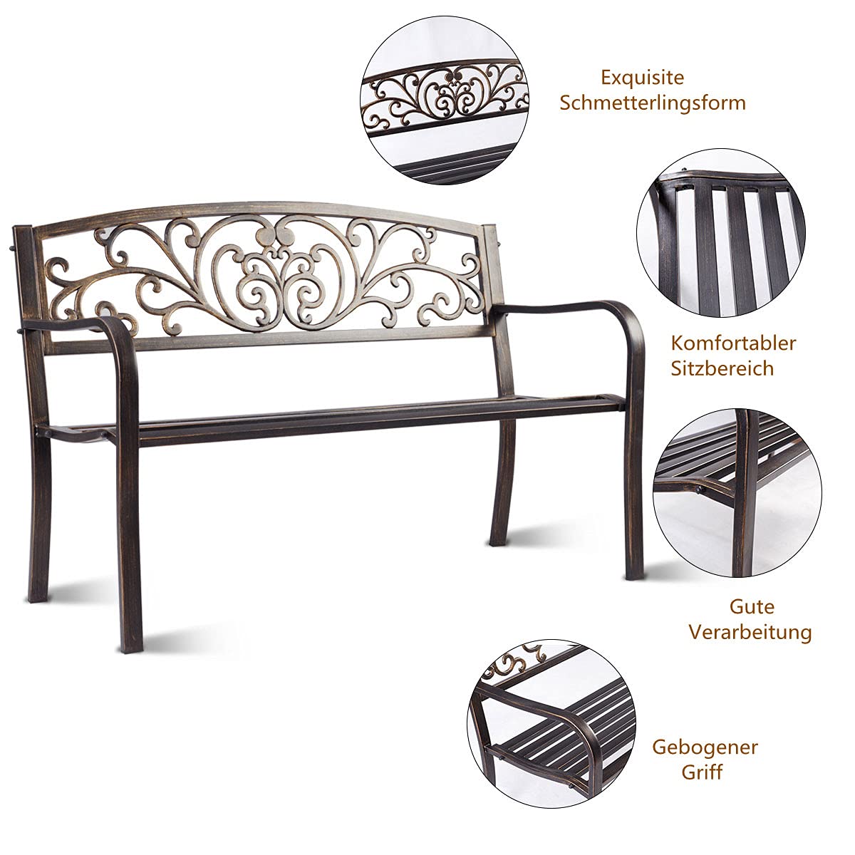 FANTASK Gartenbank Aus Metall - 126cm Sitzbank Mit Armlehnen, Bronze, Für Terrasse & Garten