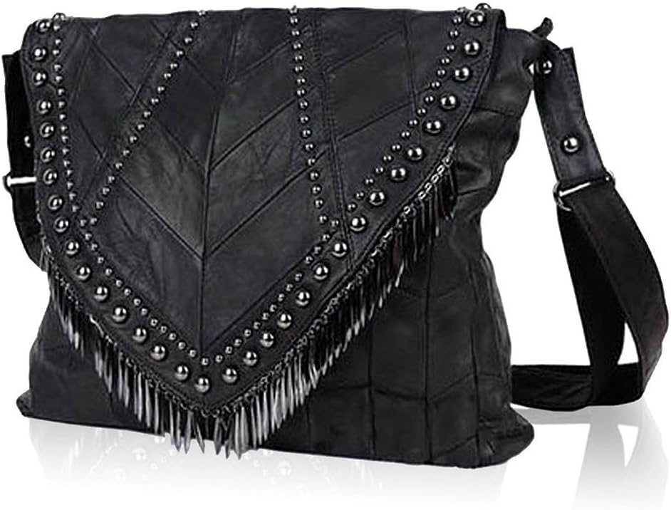 Pulama Rivets Studded Fringe Beads Leather Shoulder Bag Women's Lambskin Handbag Crossbody Bag Adjustable Purse