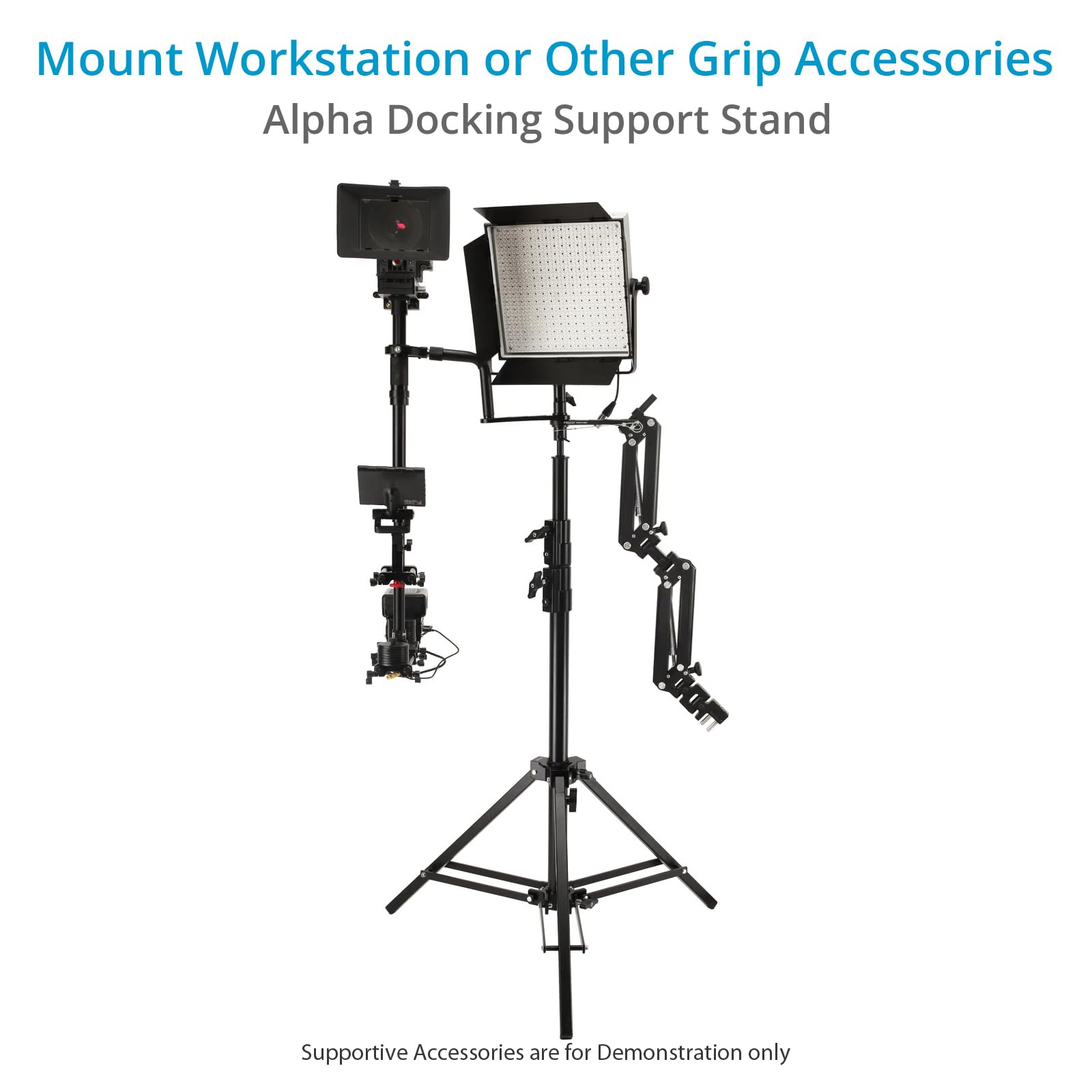 PROAIM Alpha Stand Postazione Mobile con Attacco Monitor e Vassoio | Adatto ad aste 38–50mm con morsetti senza utensili, costruzione in alluminio CNC e supporto rivestito per laptop e case