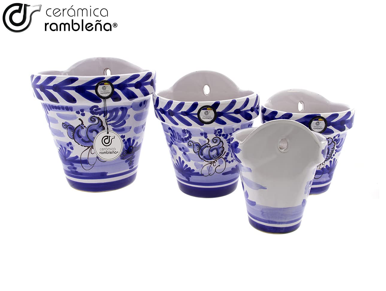 CERÁMICA RAMBLEÑA | Maceta Colgante Pileta | Maceta de Barro para Colgar | Conjunto x4 Maceta Pared Patios de Córdoba Montería Azul - Modelo D118 | 100% Decorada a Mano