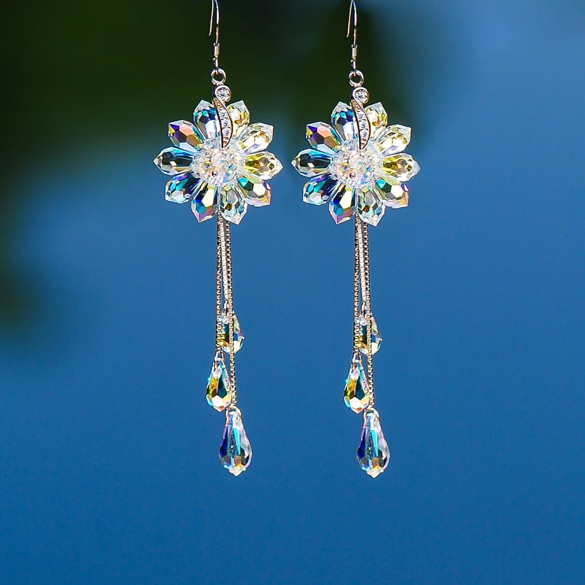 Handcraft 925 Sterling Silver Long Tassel Raindrop Dangle Earrings Iridescent Daisy flowers with Aurora Borealis Austrian Crystals Jewelry for Women ladies gift - Image 6