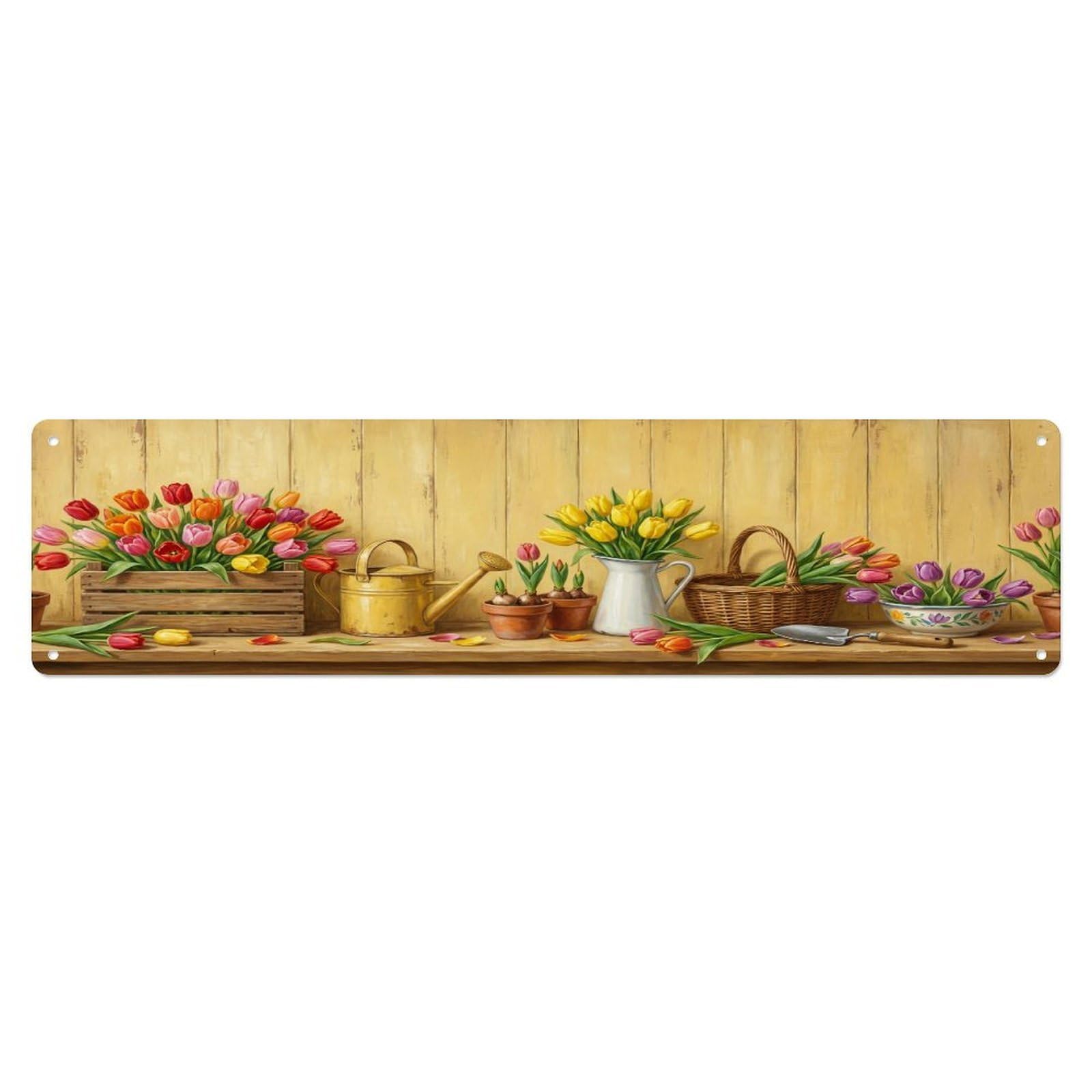 Floral Garden Tools Tulip Crate Pattern Print Metal Tin Sign