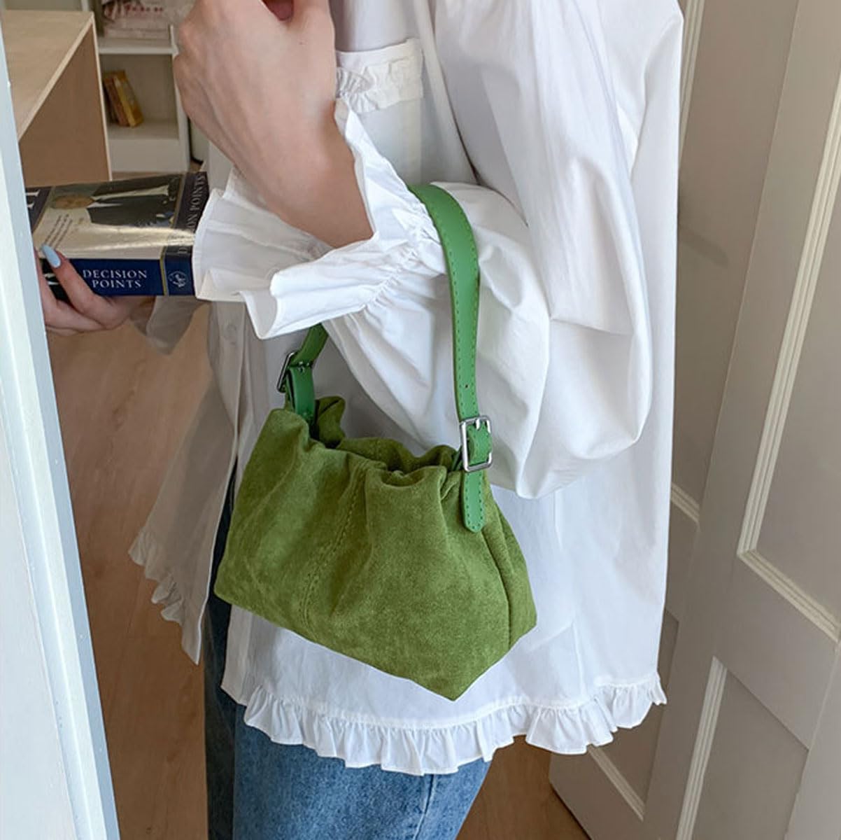 Suede Shoulder Bag for Women, Drawstring Purse Small Slouchy Crossbody Handbag Bucket Satchel