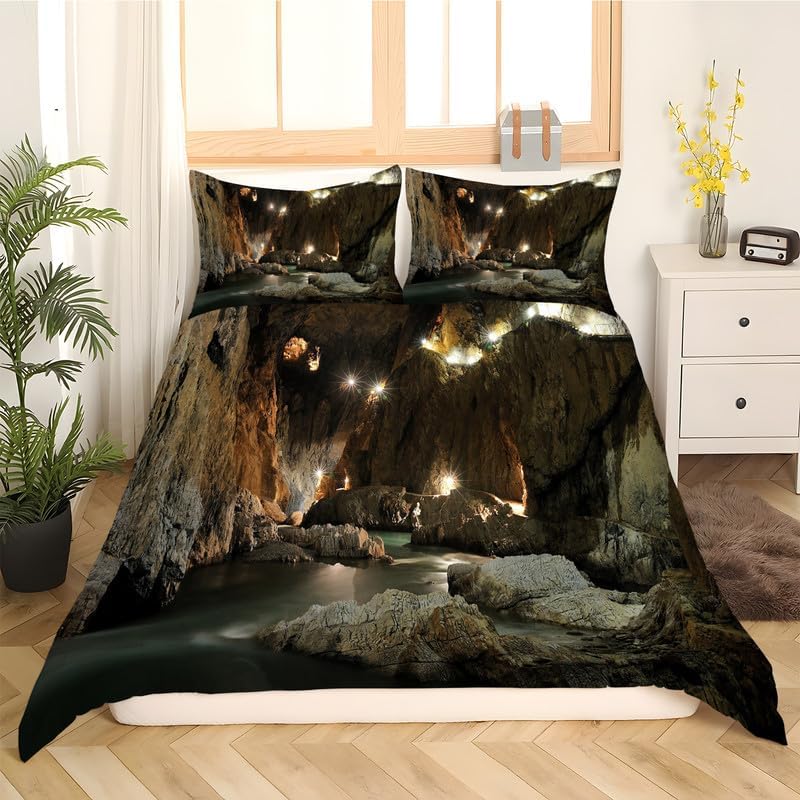 Miniatura 2 de Juego de funda de edredón tamaño King con diseño de cueva marrón, funda de edredón de microfibra suave y 2 fundas de almohada de 20 x 36 pulgadas,