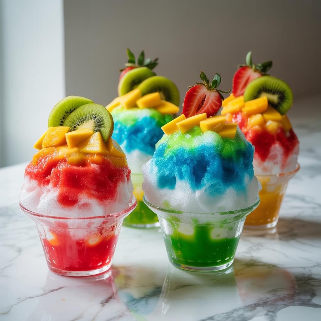 Hawaiian Shaved Ice Machine Kit - 3 Flavors, 25 Cups, Straws, Pourers, Ice Molds