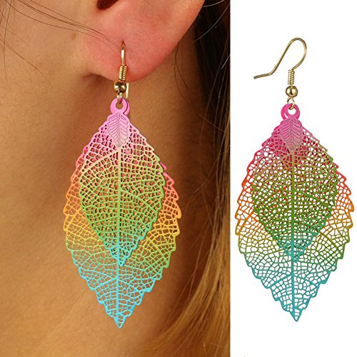 Honghong Metal Hollow Leaf Earrings Colorful Delicate Lightweight Cutout Drop Dangles (Blue) #TOP1