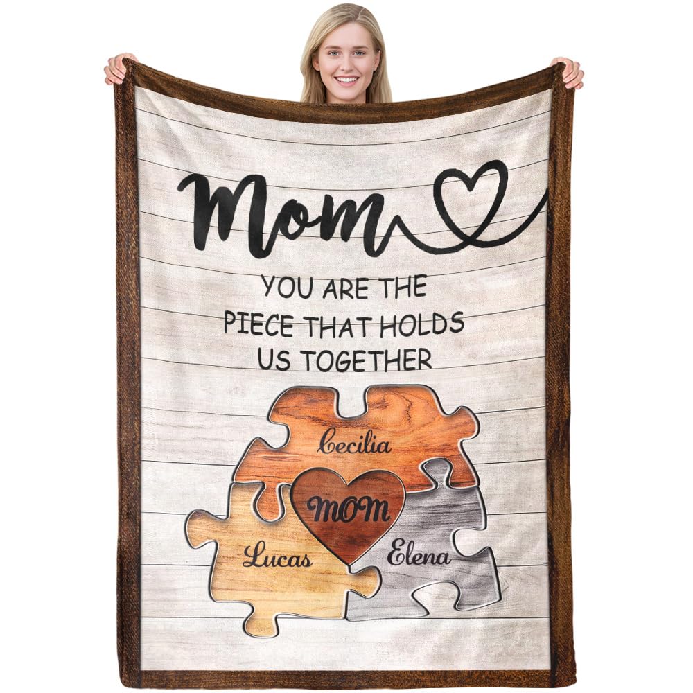 Personalized Blanket Birthady Gifts for Mom from Daughter Son, Mothers Day Custom Blanket with 3 Names, Customized Unique Puzzle Style for New Mom, Wife, Grandma, Daughter