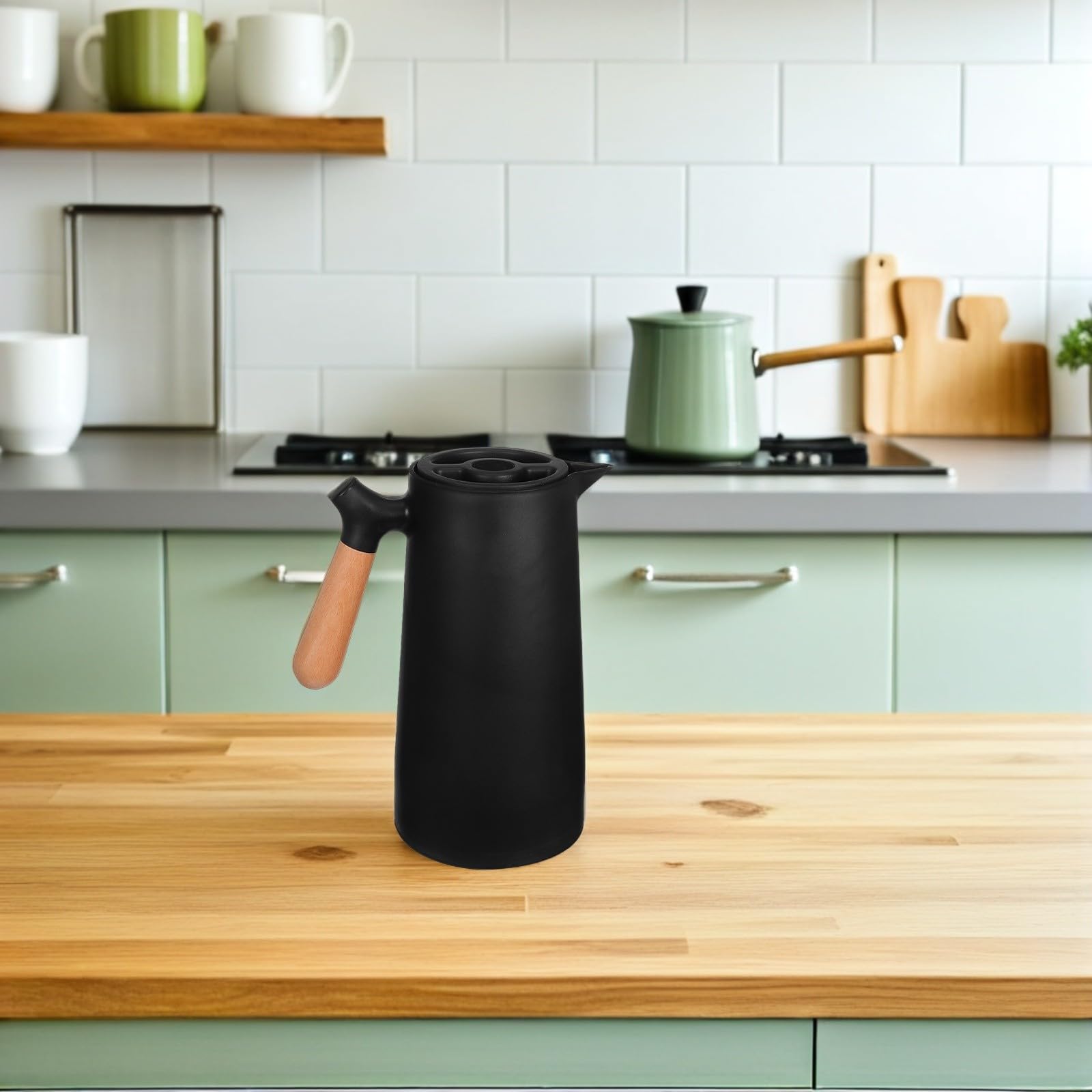 BESPORTBLE Bouteille Isotherme 1l Doublure en Verre et Coque Plastique, Poignée en Bois Élégante, Isolation Thermique sans Odeur pour Bureau et Maison