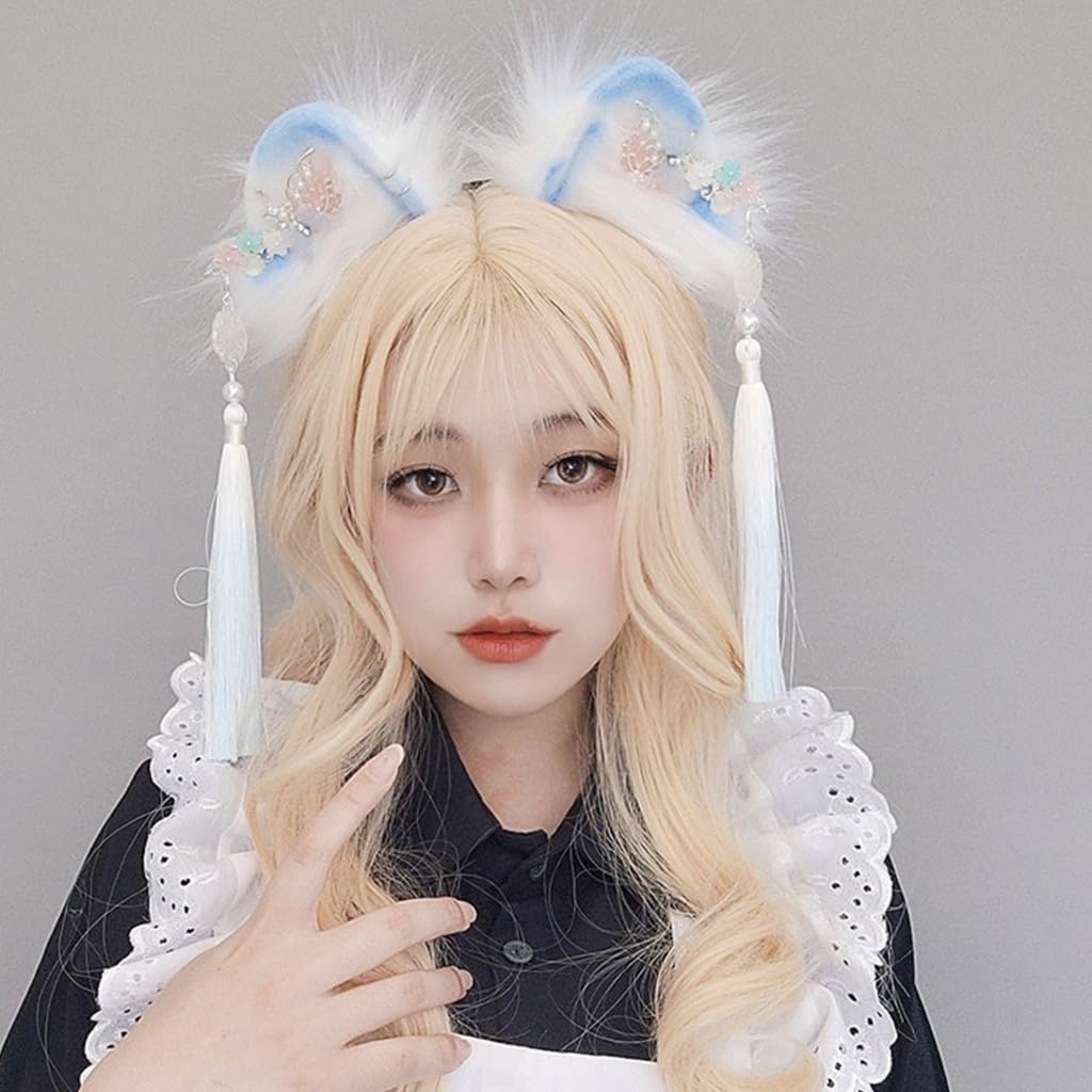 Bottone Cartoon Ear Shape Hair Hoop with Fringe Decors Chinese Style Hair Holder Cosplay Party Headwear for Teenagers Adult