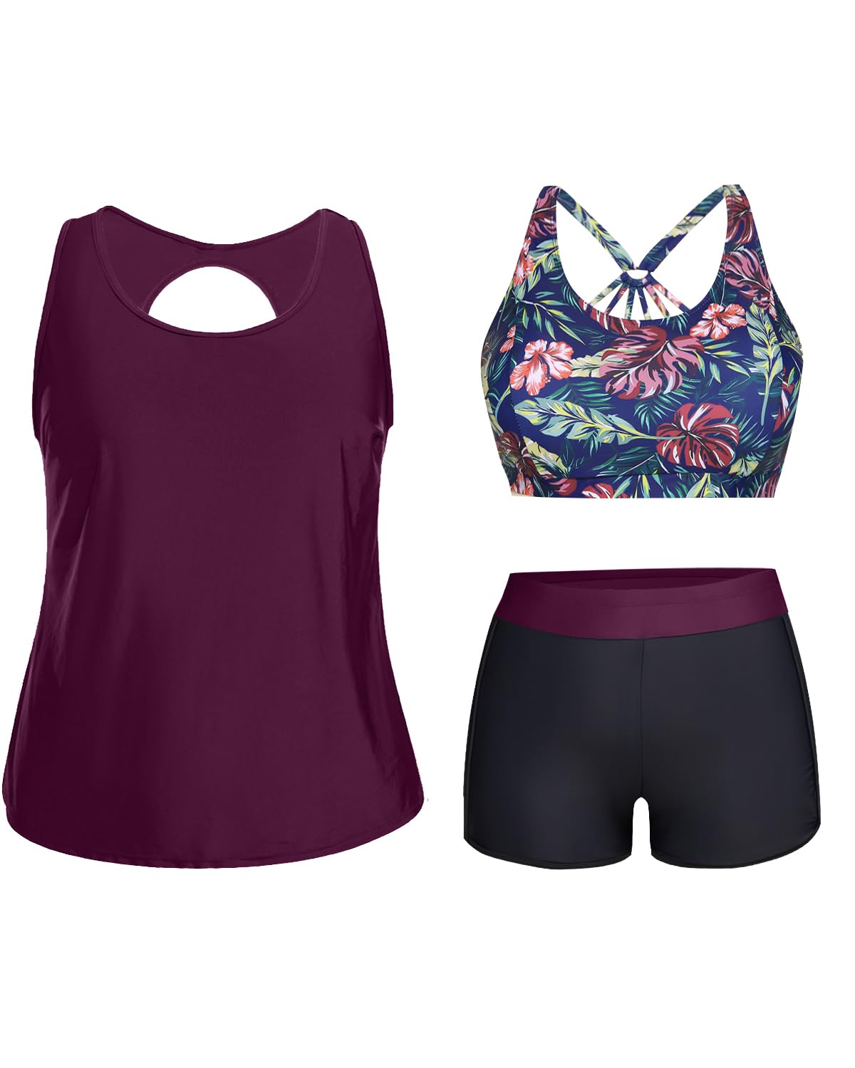 Holipick Women Plus Size Swimsuits - Athletic 3 Piece Tankini with Shorts