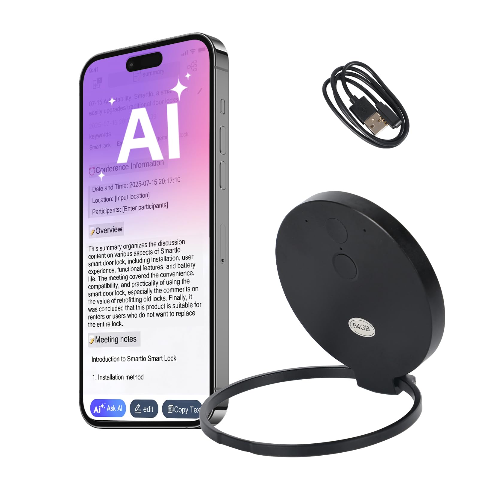 Registratore vocale AI, registratore vocale da 64 GB con supporto magnetico, trascrizione AI, mappa mentale e riepilogo tramite app, supporta 189 lingue, registratore digitale portatile per lezioni