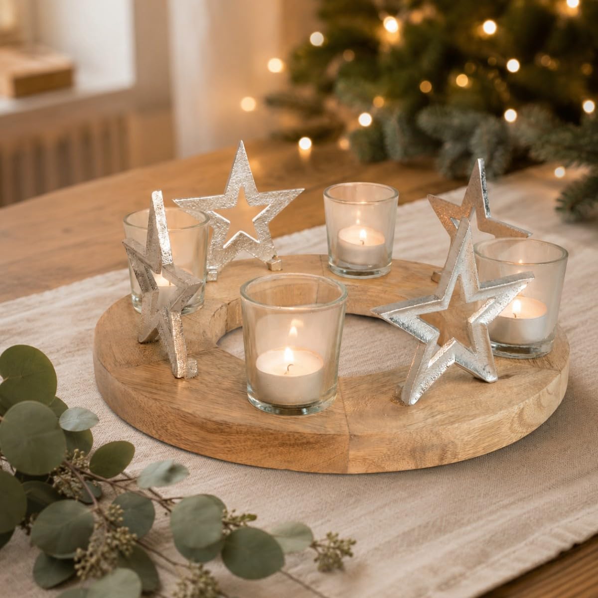 Corona de Adviento de madera, Decoracion con portavelas y estrellas, portavelas de Adviento, madera de mango natural, 30 x 12 cm
