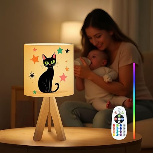 Miniatura 4 de Tripod Table Lamp Cat Mid Century Modern Black Retro Starbursts Teal Pink Diamond Bedside Lamps Small Lamp Nightstand Lamp with Linen Lampshade