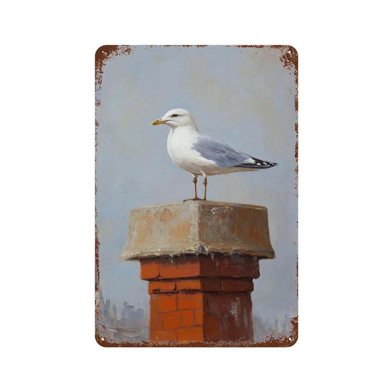 xiaoxiaoshen Seagull on Chimney Coastal Seaside Bird Illustration Wall Decor Art Metal Tin Poster Modern Home Decor Art Home Bar Shop Decorations Vintage Sign 30x20cm