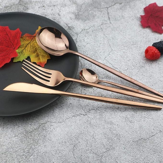 Image of 12 pcs Flatware Set, Rose Gold Silverware Set for 3, Knife Fork Spoon, Stainless Steel Home Dinnerware Tableware,Mixed Cutlery Set Eating Utensils for Restaurants (12 Pcs Rose Gold)