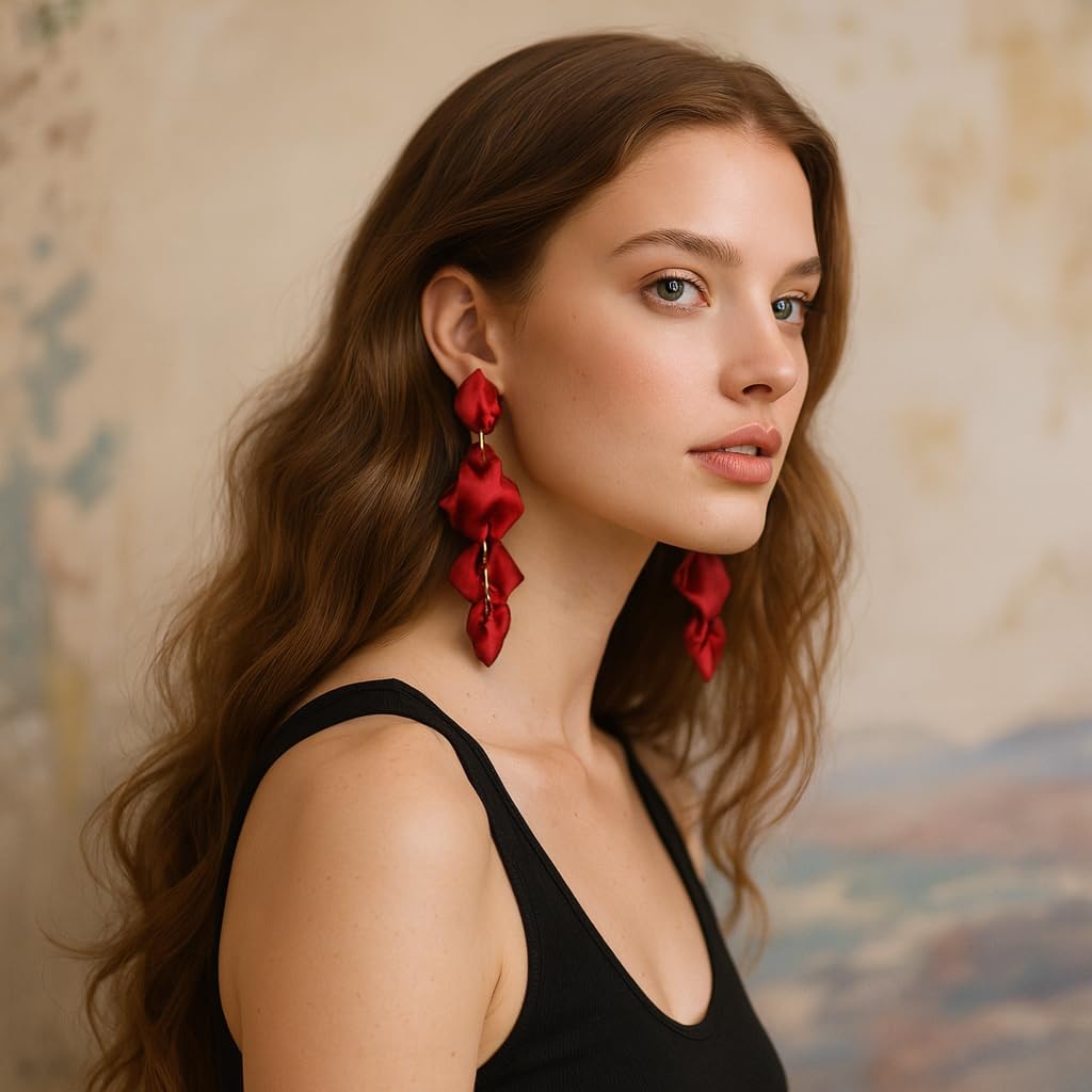 Long Acrylic Rose Petal Clip on Dangle Earrings, 14K Gold Plated Chunky Statement Flower Earrings Clips Minimalist Hypoallergenic Floral Tassel Earrings for Non Pierced Eears