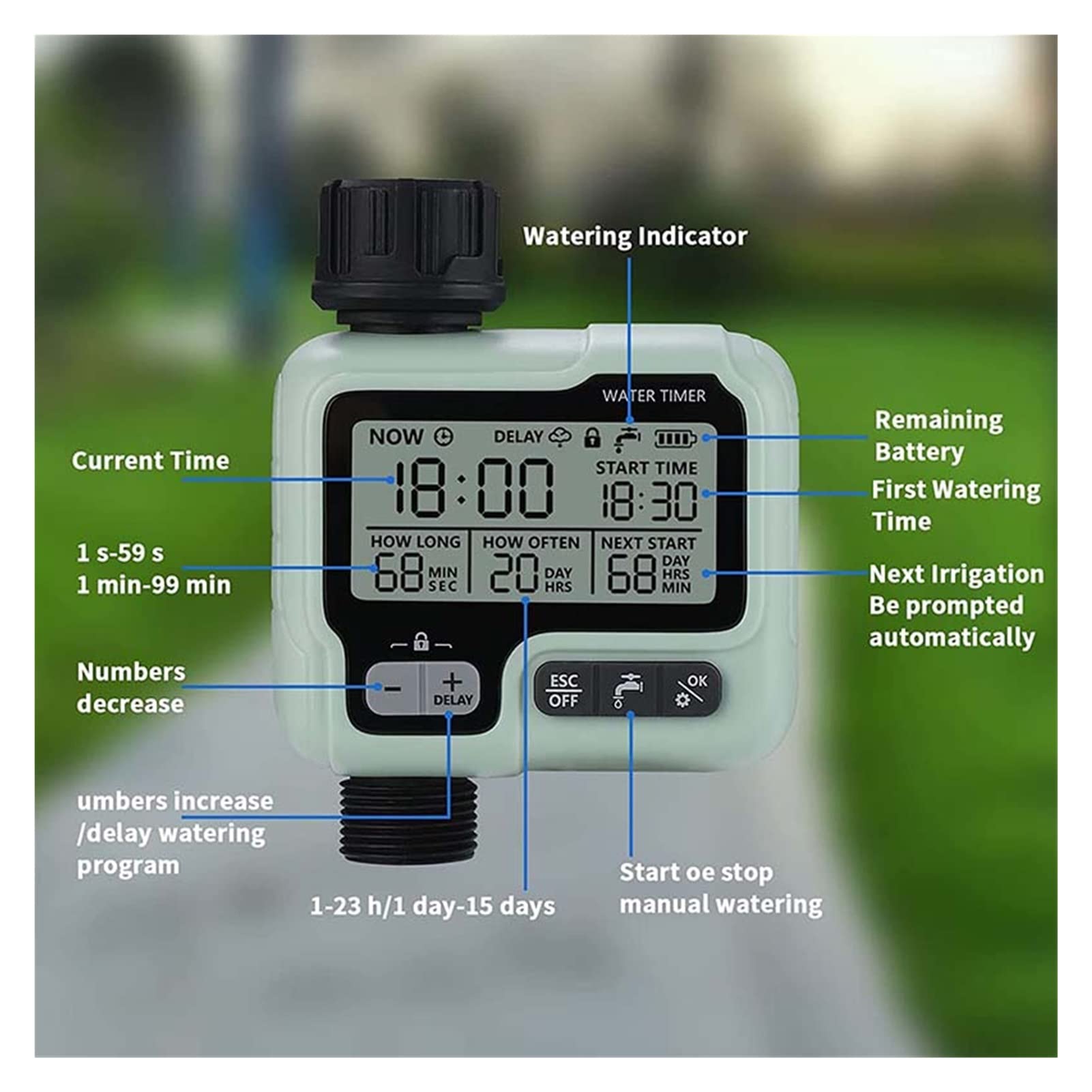 Válvula de agua inteligente Apagado Temporizador de rociadores con pantalla grande Temporizador de riego de jardín Controlador de riego Grifo programable digital Riego Sistema de riego Control remot