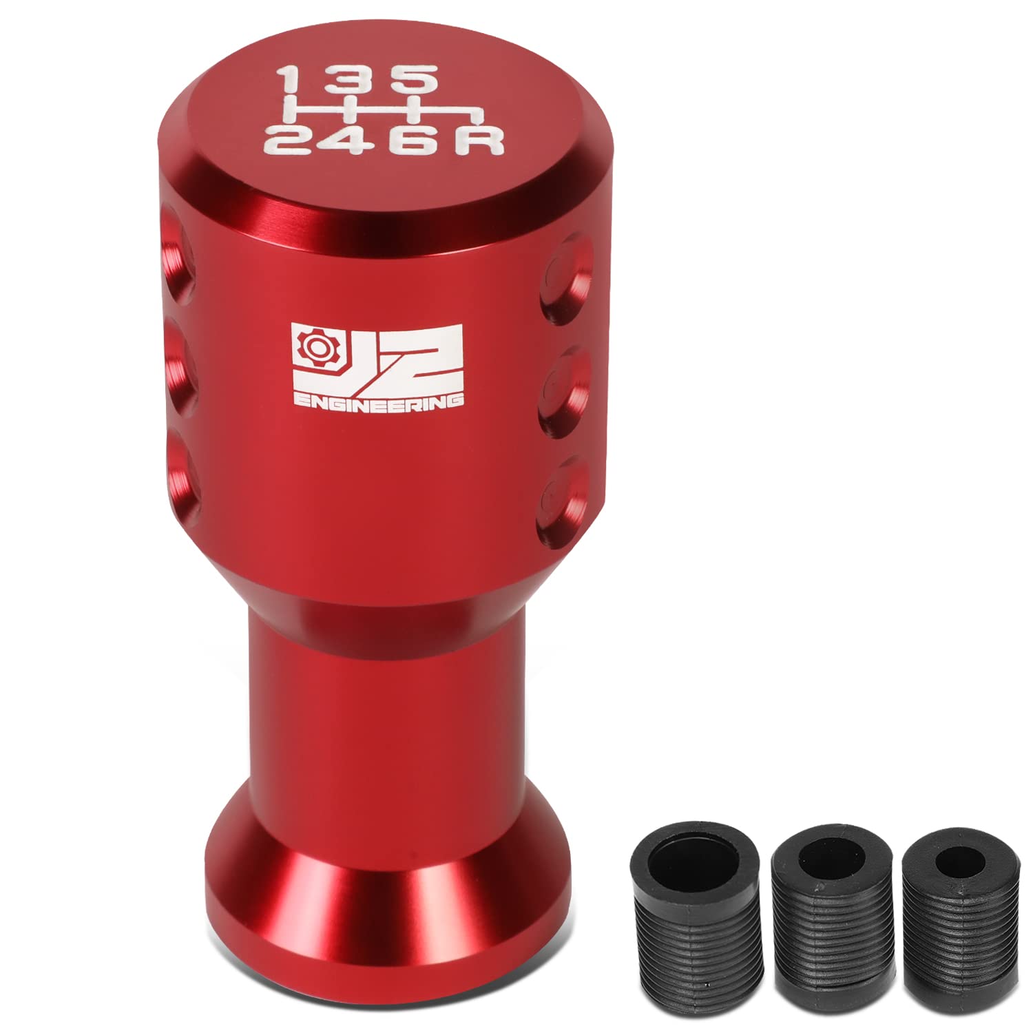 J2 Engineering J2-SK-004-RD Goblet Style Aluminum Manual 6-Speed Shift Knob with 8mm 10mm 12mm Thread Adapters,Red