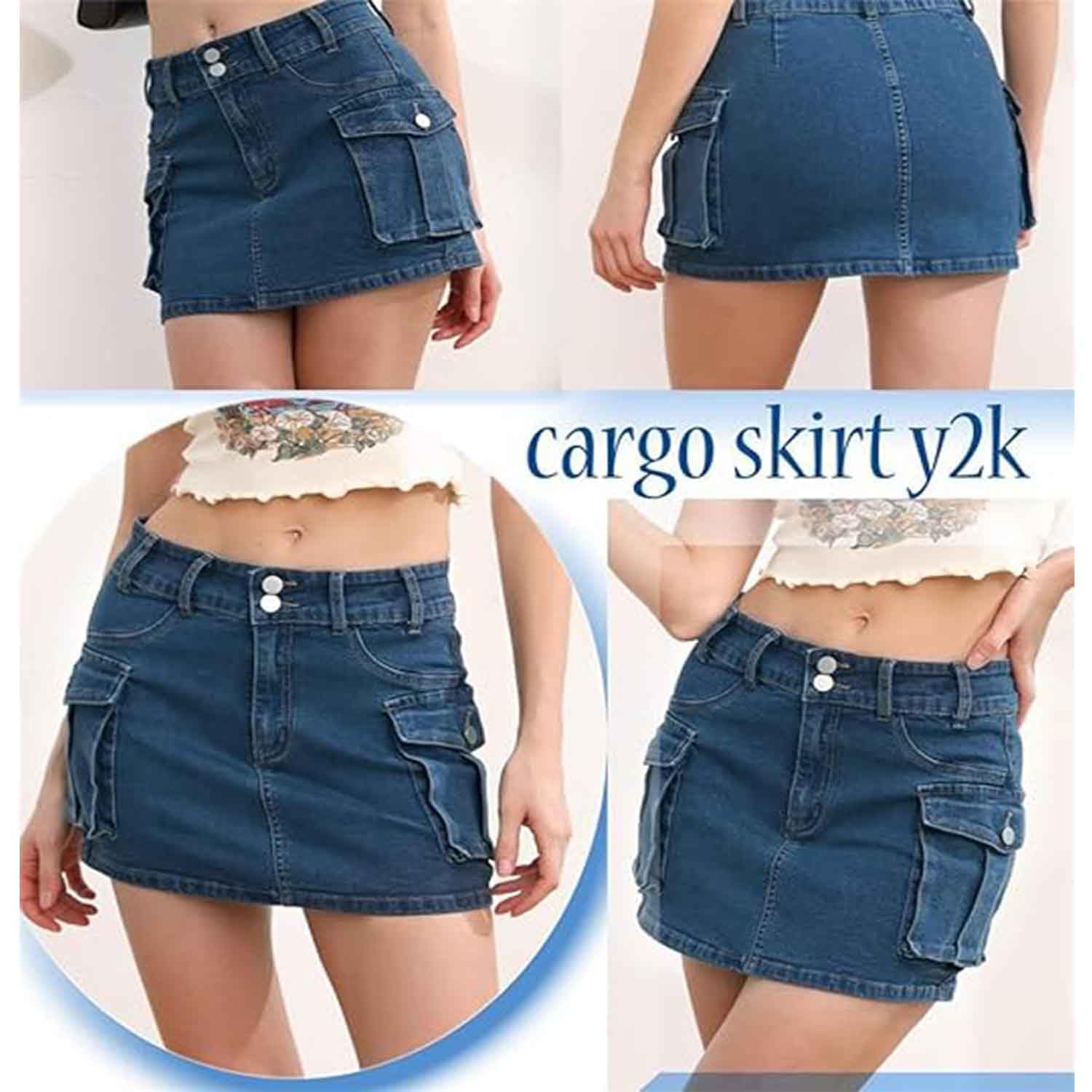Falda Tipo Cargo de Cintura Baja, Minifalda Vaquera con Botones para Mujer