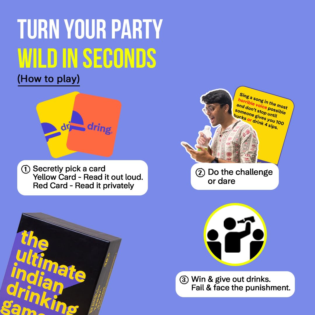 Dring The Ultimate Indian Drinking Game - India's #1 House Party Game | 55 Cards + Bell, Adult, 3-12 Players | Truth Or Dare | Crazy Drinking Card Game for Friends | Perfect for Birthdays & Bachelors! 2