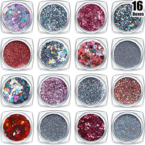 16 Boxes Nail Glitter Sequins Holographic Nails Powder Silver Rose Gold Iridescent Flakes Chunky Nail Glitter Flakes for Face Body Hair Nail Art Decoration