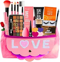 Maleta de Maquiagem Completa com 13 Itens Paleta de Sombras Base Pincéis Cílios Acessórios Kit Completo Presente Elegante Lindo Essencial Top Sagaro Makeup (PELE PARDA)
