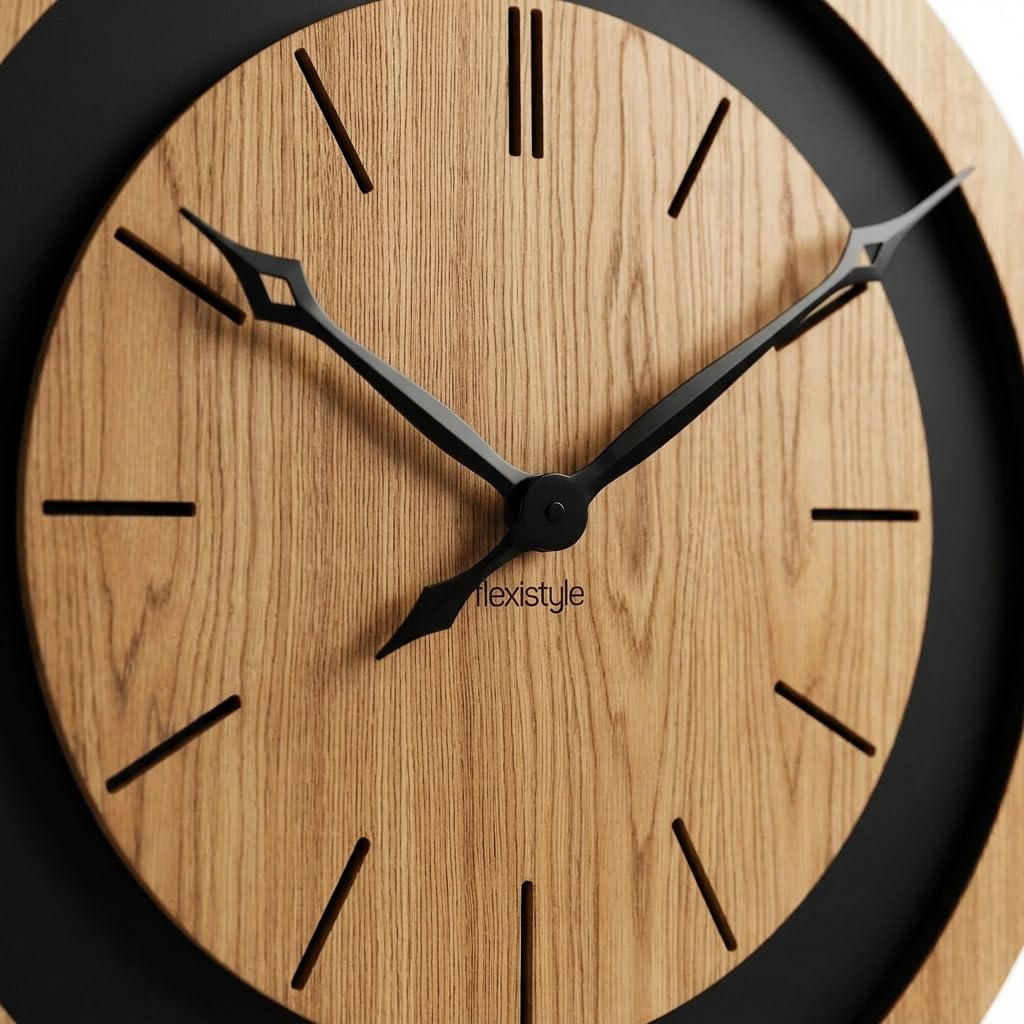 FLEXISTYLE Wanduhr groß XXL 75 cm aus Eiche – Große Designer-Wanduhr aus Naturholz & schwarzem MDF – Lautloses Uhrwerk ohne Ticken – Modernes Wohnaccessoire für Wohnzimmer, Loft & Büro