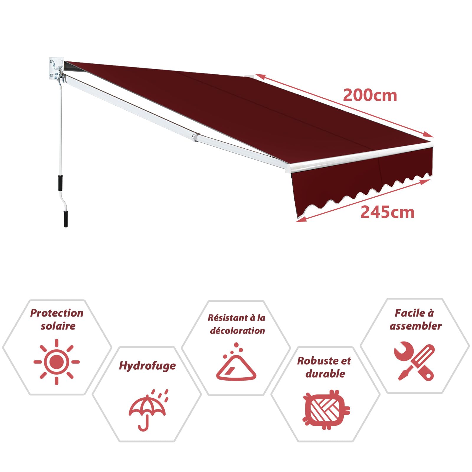 COSTWAY Store Banne Manuel Rétractable de 245 x 200CM Angle Ajustable 40°-100°, Auvent de Terrasse en Aluminium Manivelle Tissu Résistant aux UV et Eau pour Fenêtre Terrasse Balcon (Rouge)