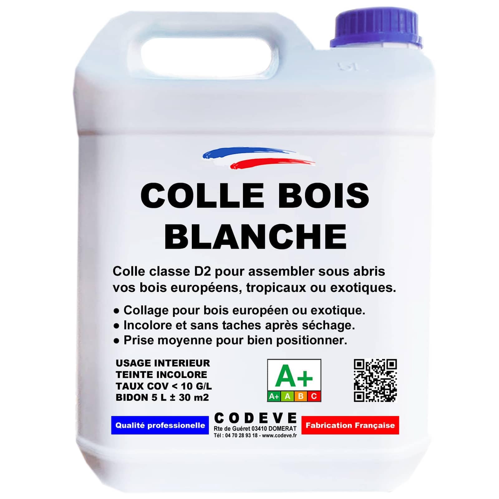 Colle Blanche - Codeve Bois - 5L - Intérieur - Pour L'assemblage Sous Abri De Votre Bois Européen, Tropical Ou Exotique.