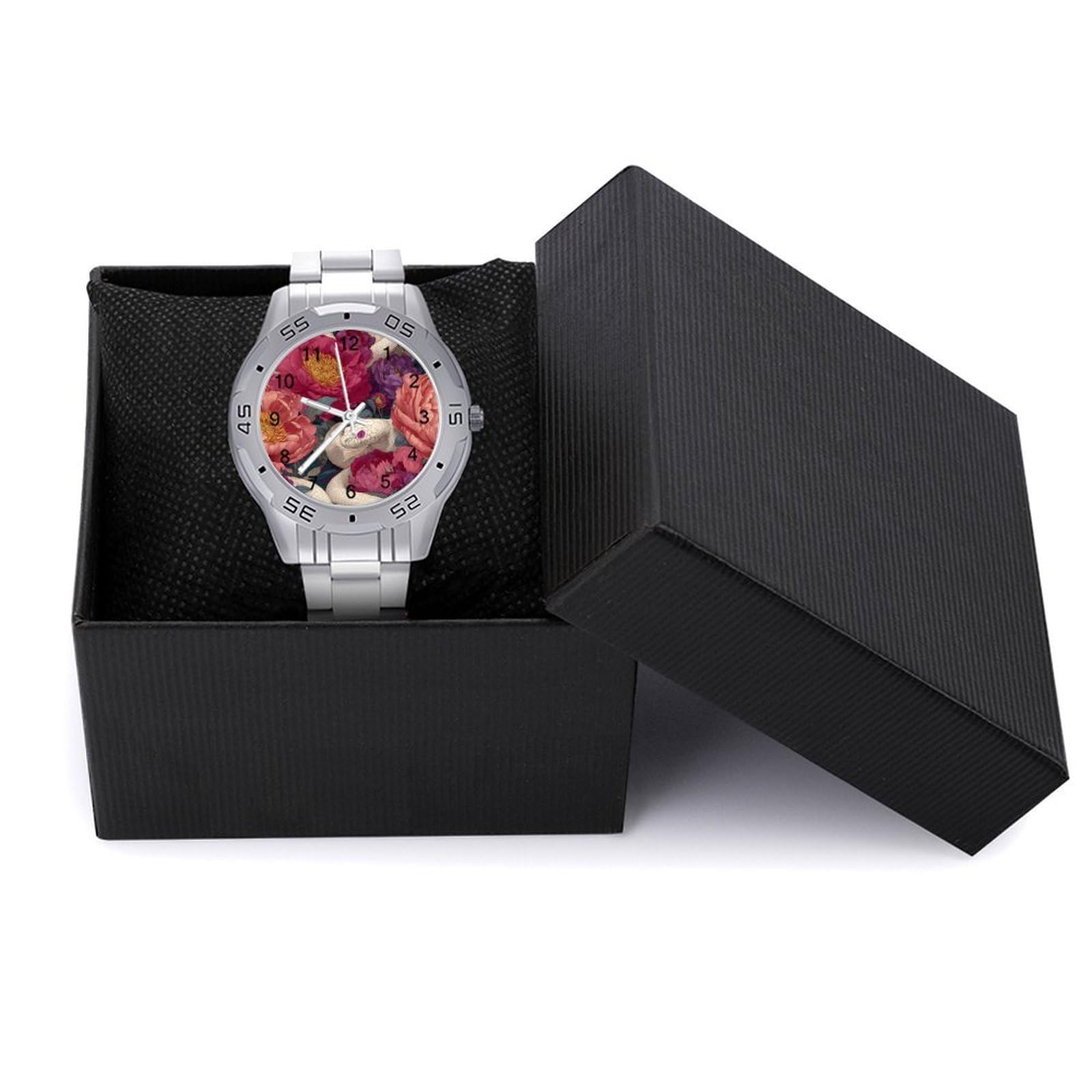 Snake and Flowers Herren Quarzuhr Trendy Edelstahlbänder Leicht Ablesen Minimalistische Armbanduhren Business Daily