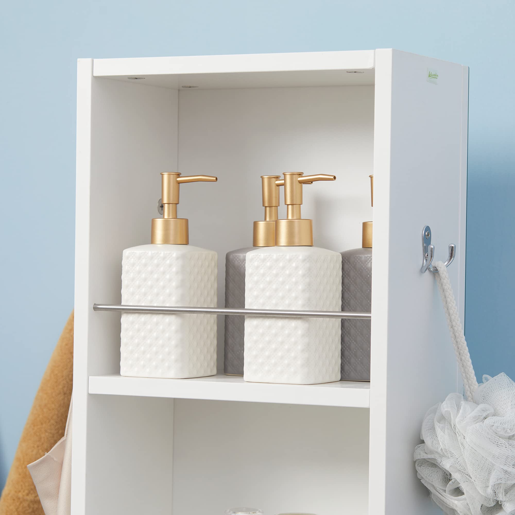 kleankin Mobiletto bagno girevole Mobiletto bagno con specchio - 6 ripiani - 36 x 36 x 171 cm bianco