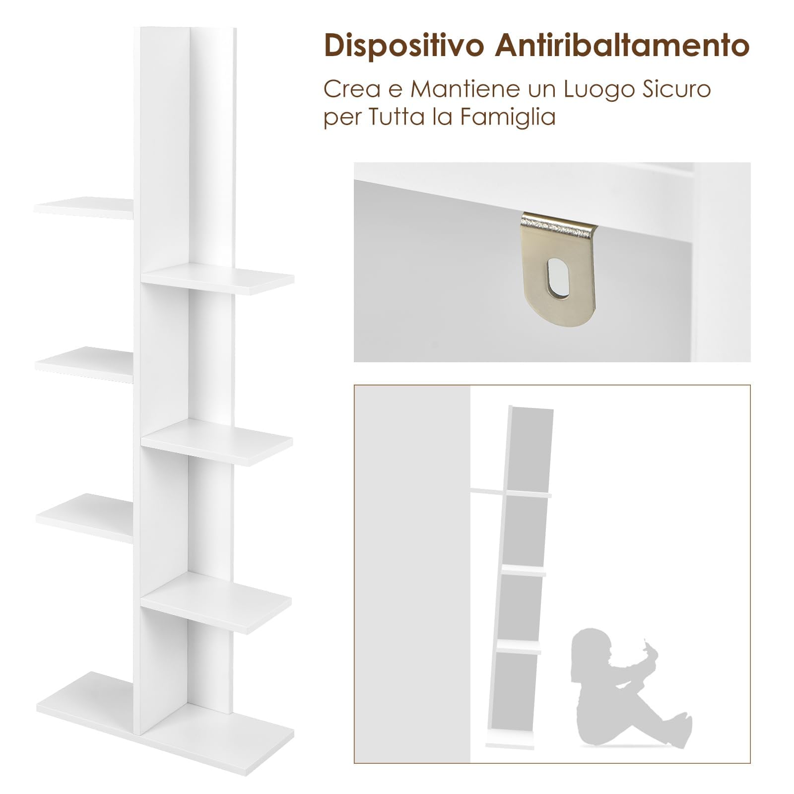 COSTWAY Scaffale in Legno per Libri, 6 Livelli, Libreria da Terra multiuso per Soggirno Ufficio Balcone, Ideale per per Soggirno Ufficio Balcone, 50 x 20 x 141 cm (Bianco)