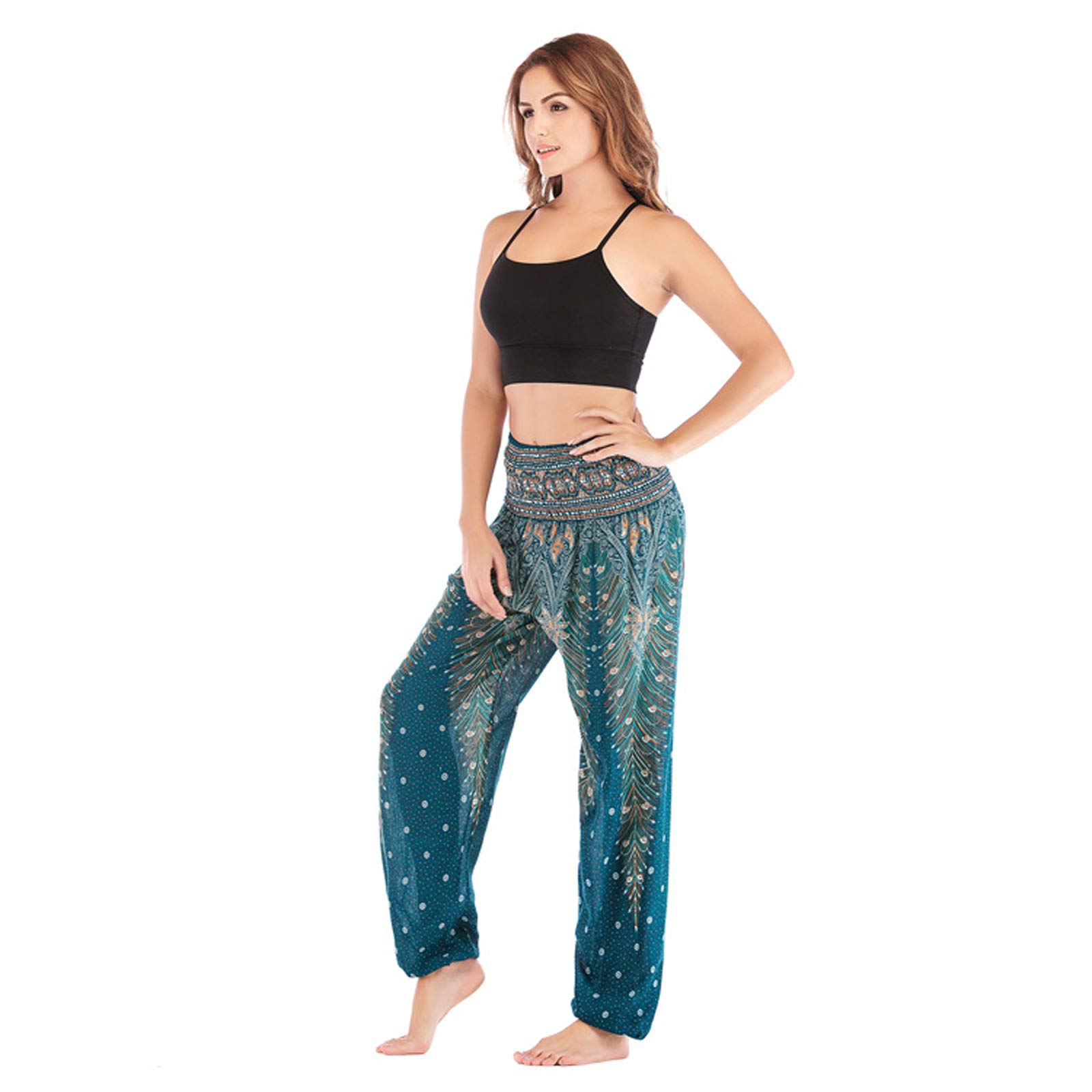 Sarouel Femme Pantalon Hippie Élastique Pantalon Jogger Poche Baggy Taille Haute Gym Sport Lounge Pantalon pour Yoga Summer Plage 002-Taille Unique