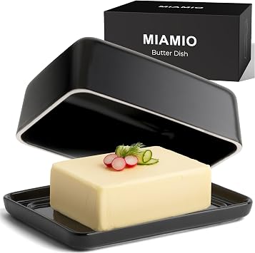 MIAMIO - Ceramic Butter Dish with Lid for Countertop, Holds 2 Sticks of Butter/Butter Holder and Container with Ceramic Lid, Butter Dish for Refrigerator Black