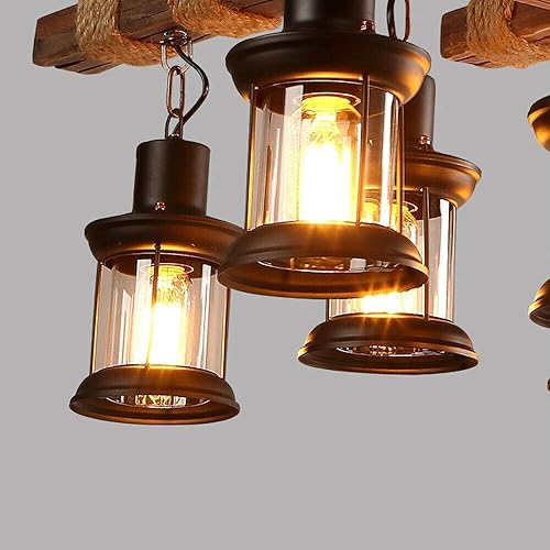 Miniatura 5 de Lámpara colgante de 8 luces, estilo rústico de madera, colgante de isla colgante retro industrial para cocina, comedor, bar, restaurante, cafetería,