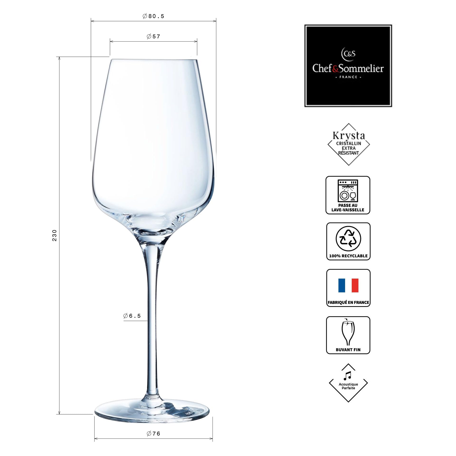 Chef & Sommelier – Kollektion Sublym – 6er-Set Weingläser mit Stiel 35 cl – Glanz, Transparenz und hohe Widerstandsfähigkeit – Verstärkte Verpackung