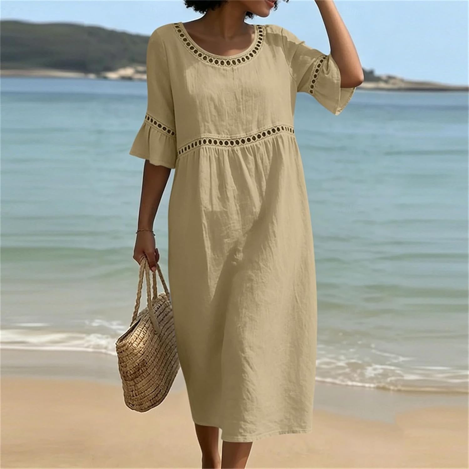 Linen Dress Women Dressy Casual Crew Neck Cotton Short Sleeve Maxi Summer Dresses Hollow Loose Midi Beach Sundress