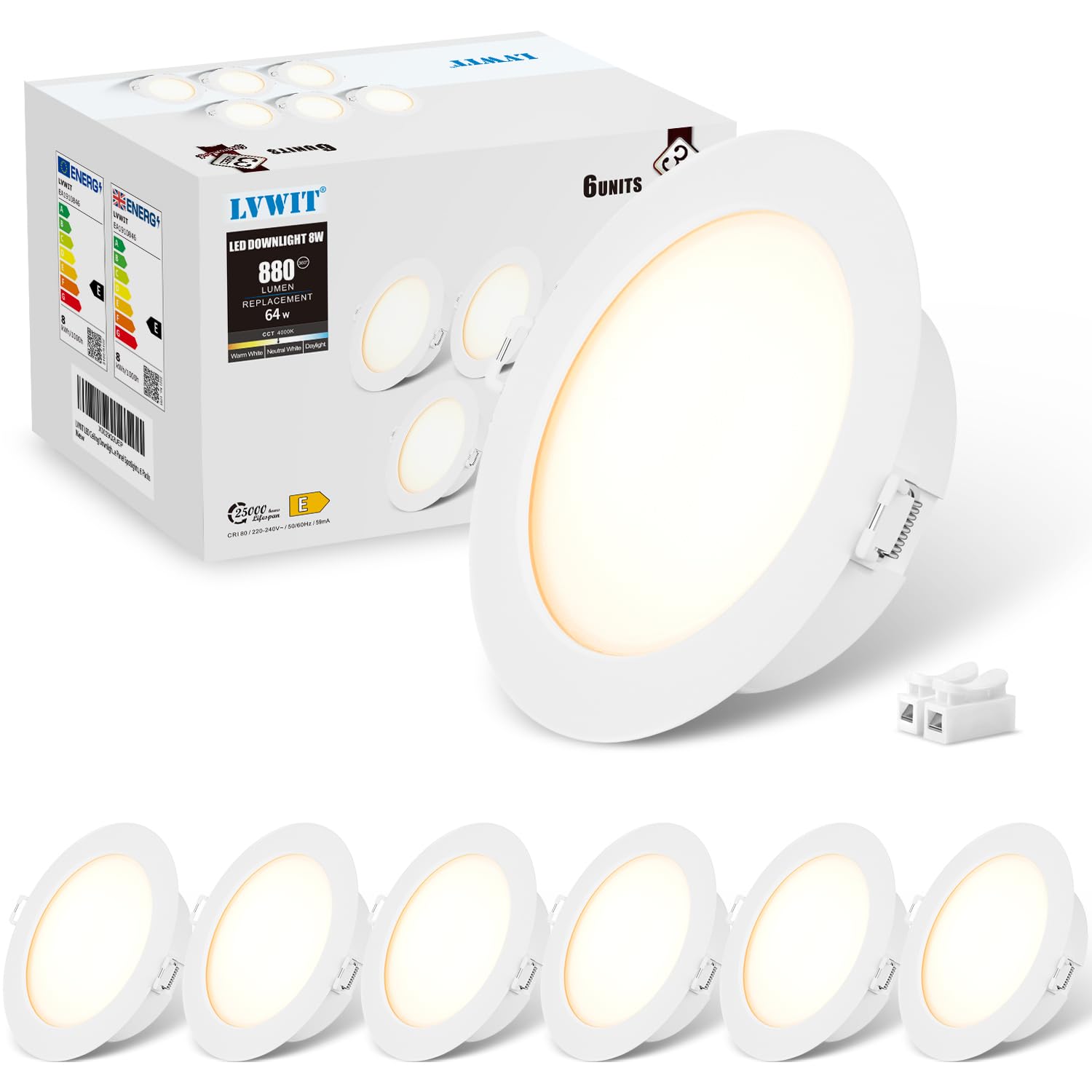 LVWIT Downlight Led Techo Empotrable,Ojos de Buey Led para Techo,Focos led Interior Techos de 8W,Foco Neutro Blanco de 4000K,Ideal Para Baños,Pasillos,Oficina,880Lúmenes,Ø123mm,IP44,6U,No Regulable