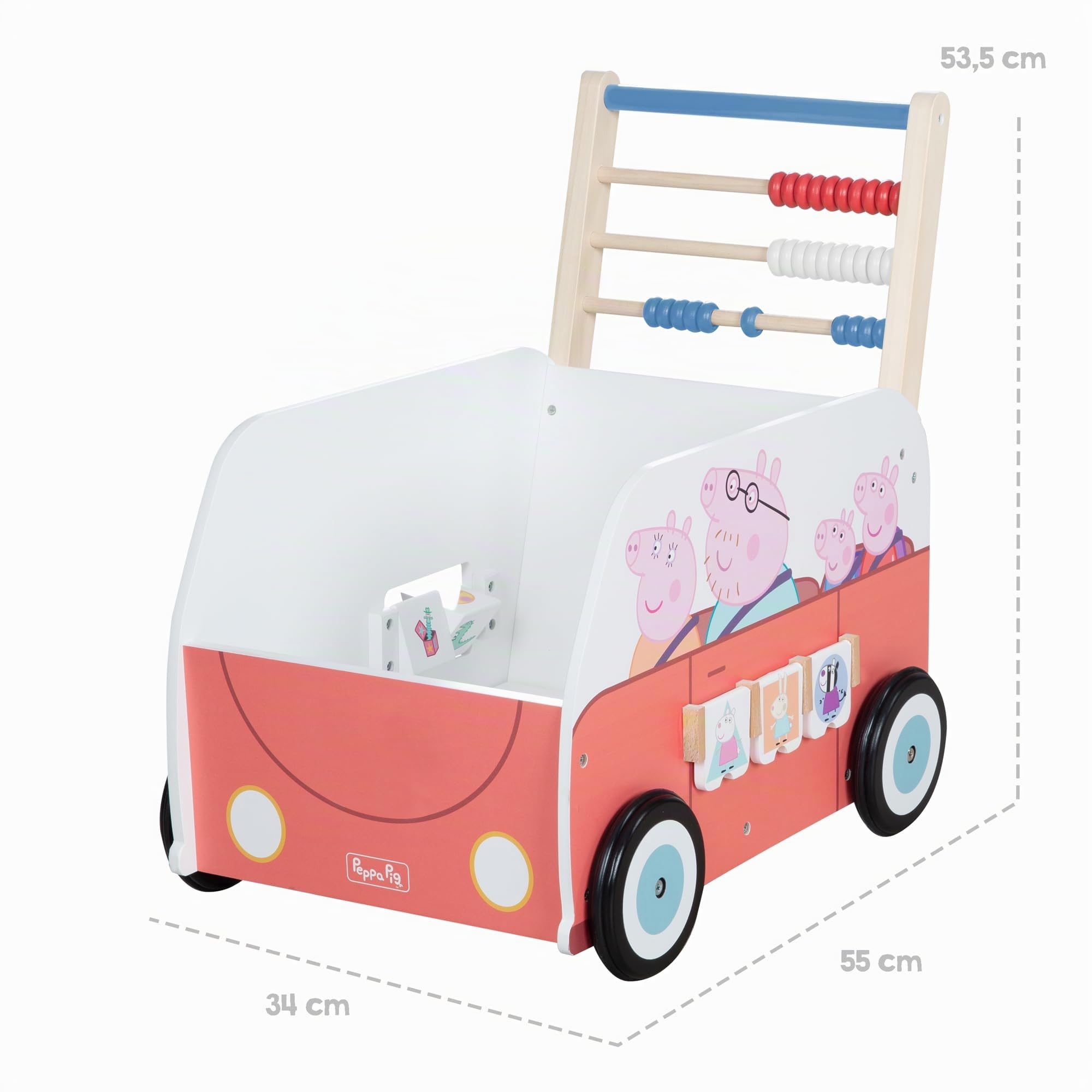 roba Carrello Giocattolo a Spinta Bully Peppa Pig - con Abaco e Ruote - per Imparare a Camminare - Primi Passi - Regalo Compleanno, Natale, Pasqua - Legno Laccato Bianco/Rosa